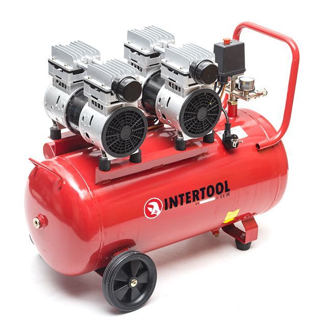 Компрессор 50л, 2х0.75 кВт, 220В, 8атм, 290л/мин, 1400 об/мин, малошумный, безмасляный, 4 цилиндра INTERTOOL PT-0023