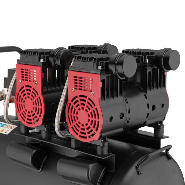 Компрессор 50 л, 2x1.1кВт, 220В, 8атм, 320 л/мин, 1400 об/мин, малошумный, безмасляный, 4 цилиндра INTERTOOL PT-0027