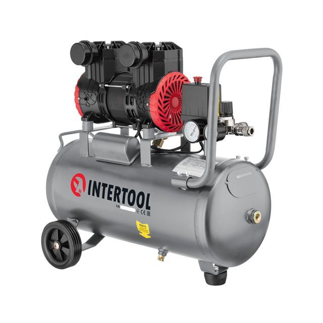 Компрессор 24 л, 1.1кВт, 220В, 8атм, 200 л/мин, 2800 об/мин, безмасляный, 2 цилиндра INTERTOOL PT-0029