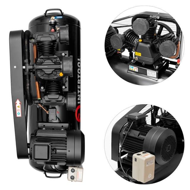 Компрессор 200 л, 7,5 кВт, 380 В, 10 атм, 1050 л/мин. 3 цилиндра INTERTOOL PT-0040