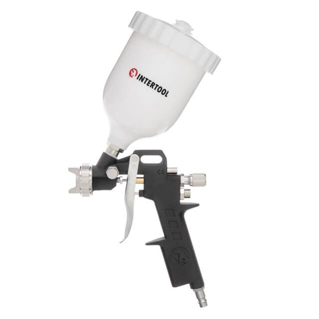 Краскопульт пневматический HP, форсунка 1,5 мм, верхний пластиковый бачок 600 мл, 3 регулировки, 5 бар INTERTOOL PT-0210