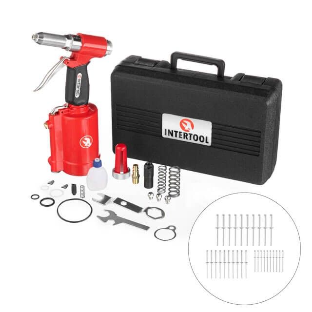 Пистолет заклепочный пневматический в чемодане с аксессуарами INTERTOOL PT-1304