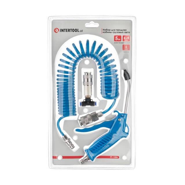 Набор для продува кабины грузовых авто на быстроразъемных соединениях: пистолет, шланг полиуретановый 5 м 6*4 мм, тройник на шланг 6 мм INTERTOOL PT-1506