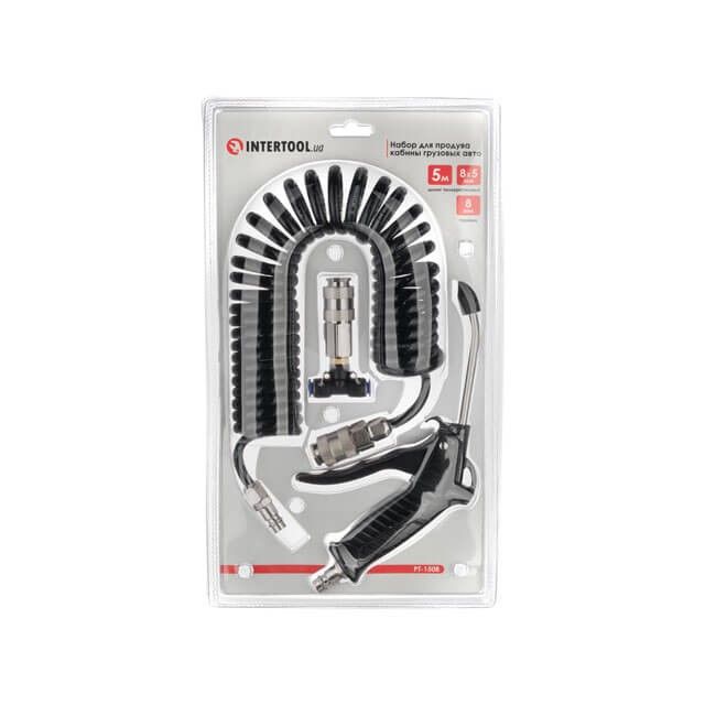 Набор для продува кабины грузовых авто: пистолет, шланг полиуретановый 5м 8x5мм, тройник на 8мм; на быстроразъемных соединениях INTERTOOL PT-1508