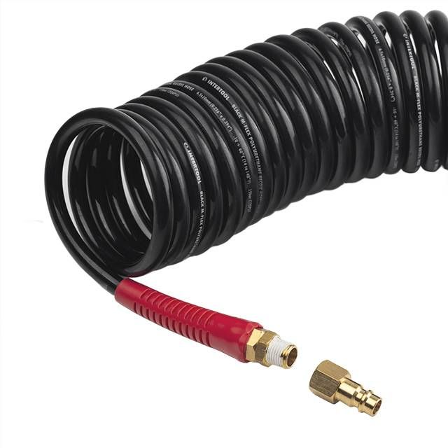 Шланг BLACK M-Flex STORM, 15 м, 6,5*10 мм, спиральный полиуретановый c поворотным шарниром, латунными быстроразъемными соединениями INTERTOOL PT-1794