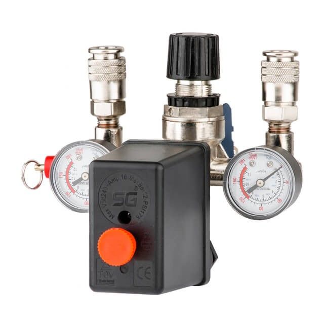 Прессостат 220 В в сборе (прессостат, редуктор, 2 манометра, предохранительный клапан, два выхода) INTERTOOL PT-9094