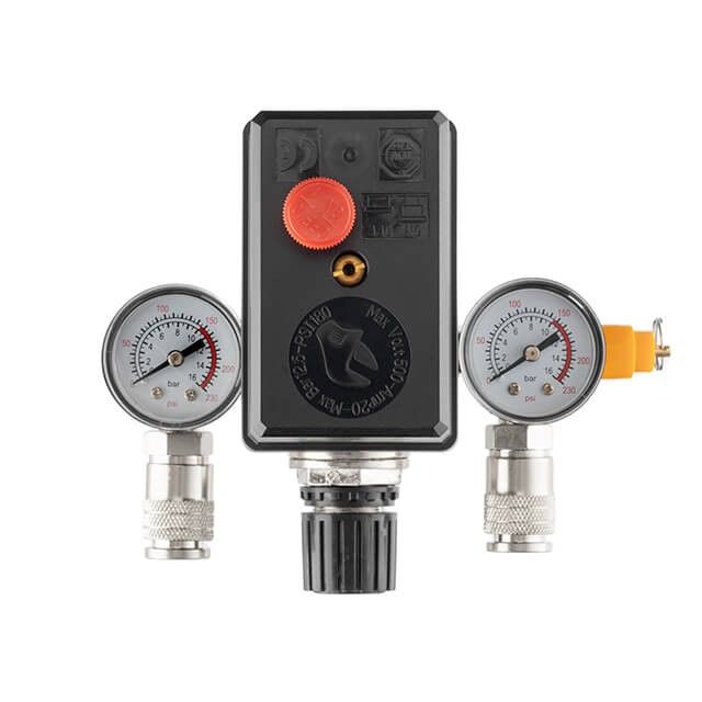 Прессостат 380 В (блок автоматики компрессора) 10 bar в сборе, (прессостат, редуктор, 2 манометра, предохранительный клапан, два выхода) INTERTOOL PT-9097