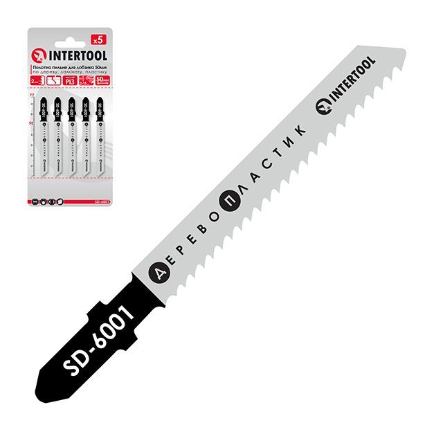 Полотно пильное для лобзика, рабочая длина 50 мм, расстояние между зубьями 2,0 мм, для работ по дереву и пластику INTERTOOL SD-6001