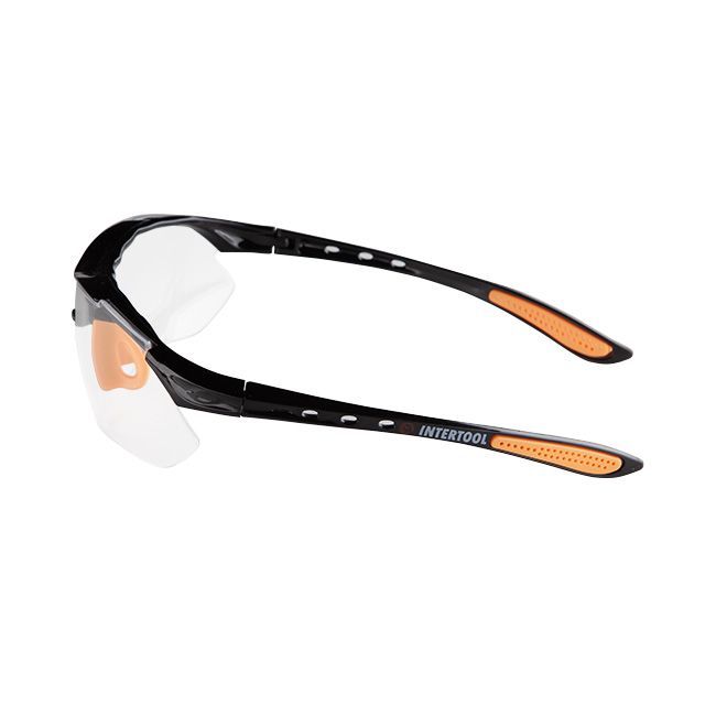 Очки защитные прозрачные, материал линз поликарбонат, заушины черного цвета, материал нейлон, резиновая накладка для носа, защита от удара INTERTOOL SP-0092