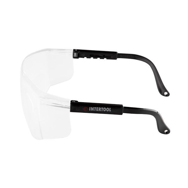 Очки защитные прозрачные, материал поликарбонат,регулируемые заушины черного цвета, материал нейлон, защита от удара INTERTOOL SP-0098
