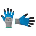 Перчатка трикотажная, усиленная, 9", облив ладони вспененным латексом синего цвета, покрытие пальцев морщинистым латексом черного цвета INTERTOOL SP-0106