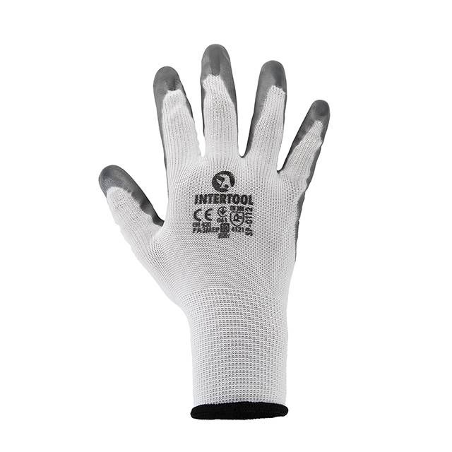 Перчатка трикотажная, синтетическая, белая, покрыта серым нитрилом на ладони,10" INTERTOOL SP-0112
