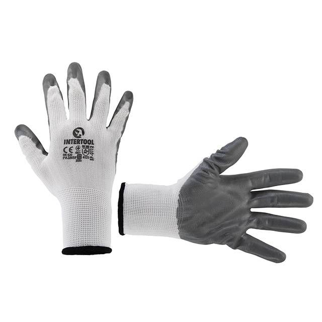 Перчатка трикотажная, синтетическая, белая, покрыта серым нитрилом на ладони,10" INTERTOOL SP-0112