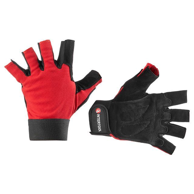 Перчатка без пальцев, кожанная, 10", усиление на ладони, вставки из спандекса на тыльной стороне ладони, фиксация ремешком на липучке INTERTOOL SP-0148