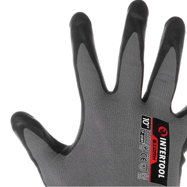 Перчатка трикотажная, двухслойное покрытие, 10", полиуритановое и пористое нитриловое на ладони, дышащая, STORM INTERTOOL SP-0189