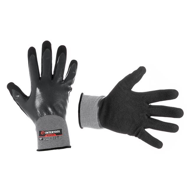Перчатка трикотажная, полное двухслойное нитриловое покрытие, базовое гладкое, пористое на ладони, 10", дышащая, STORM INTERTOOL SP-0190