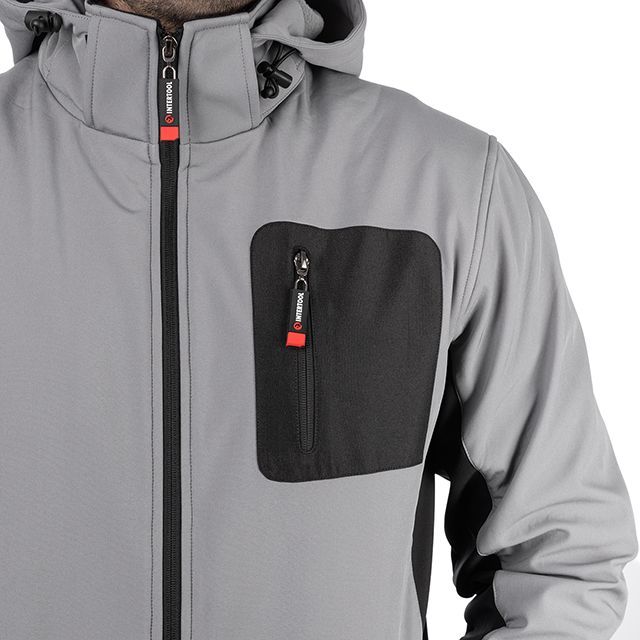 Куртка SOFTSHELL світлосиро-чорна, з капюшоном, тришарова, тканина - стрейч 300 GSM 100D, з водо- і вітрозахистом, розмір S INTERTOOL SP-3121