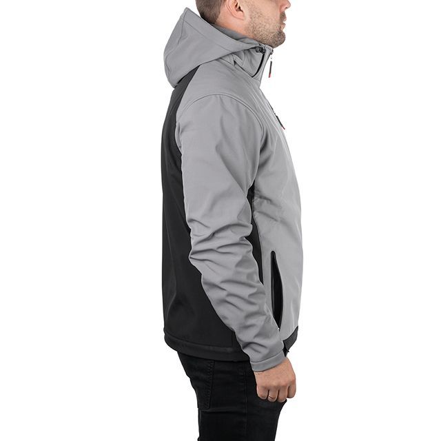Куртка SOFTSHELL світлосиро-чорна, з капюшоном, тришарова, тканина - стрейч 300 GSM 100D, з водо- і вітрозахистом, розмір S INTERTOOL SP-3121