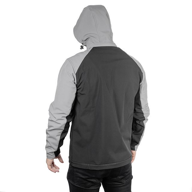 Куртка SOFTSHELL світлосиро-чорна, з капюшоном, тришарова, тканина - стрейч 300 GSM 100D, з водо- і вітрозахистом, розмір S INTERTOOL SP-3121