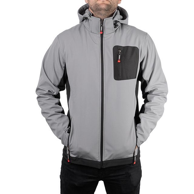 Куртка SOFTSHELL світло сіро-чорна, з капюшоном, тришарова, тканина - стрейч 300 GSM 100D, з водо- та вітрозахистом, розмір XL INTERTOOL SP-3124
