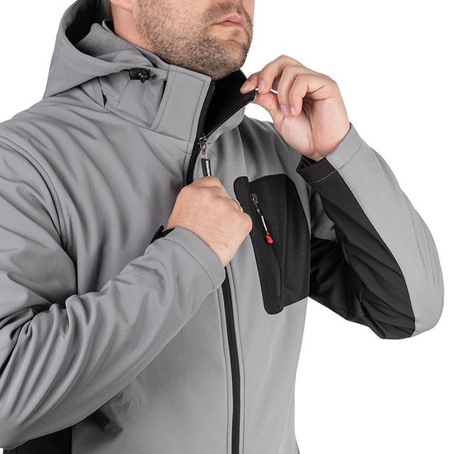 Куртка SOFTSHELL світло сіро-чорна, з капюшоном, тришарова, тканина - стрейч 300 GSM 100D, з водо- та вітрозахистом, розмір XL INTERTOOL SP-3124