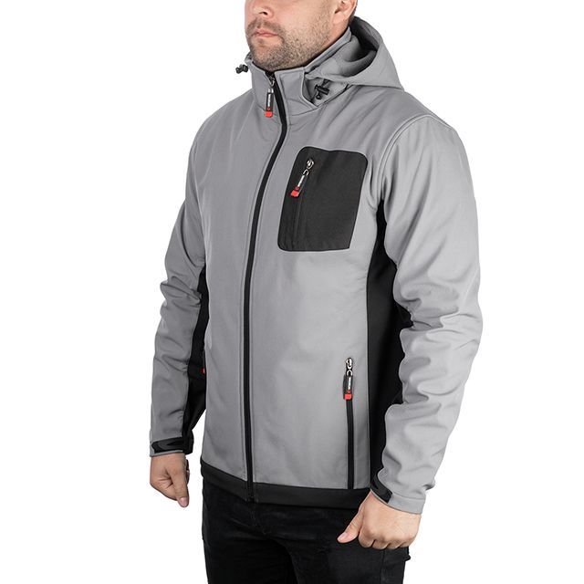 Куртка SOFTSHELL світло сіро-чорна, з капюшоном, тришарова, тканина - стрейч 300 GSM 100D, з водо- та вітрозахистом, розмір XL INTERTOOL SP-3124