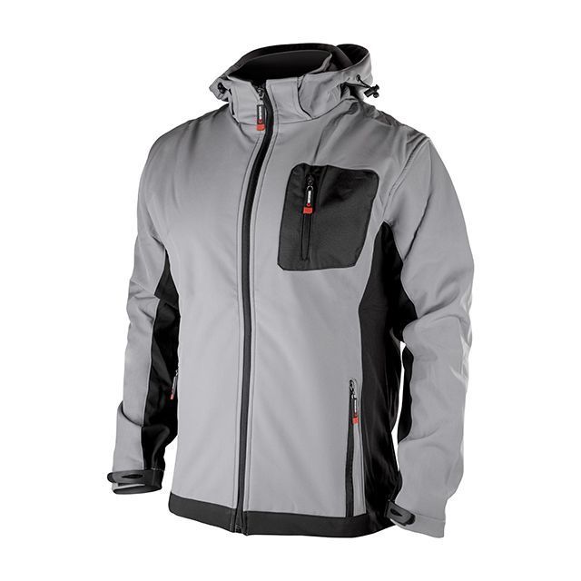 Куртка SOFTSHELL, светло серо-черная, с капюшоном, трехслойная, ткань стрейч 300GSM 100D с водо-, ветрозащитой, XXL INTERTOOL SP-3125