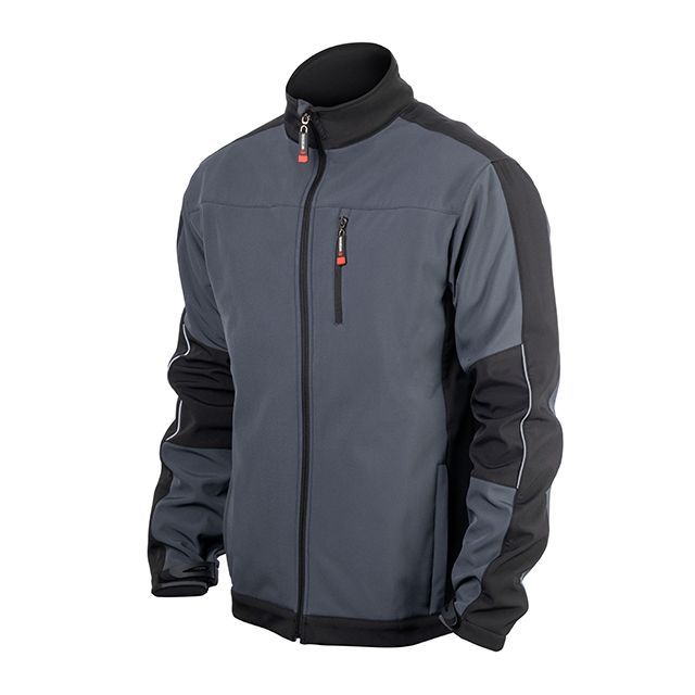 Куртка SOFTSHELL, темно серо-черная, трехслойная, ткань стрейч 300GSM 100D с водо-, ветрозащитой, XXXL INTERTOOL SP-3136