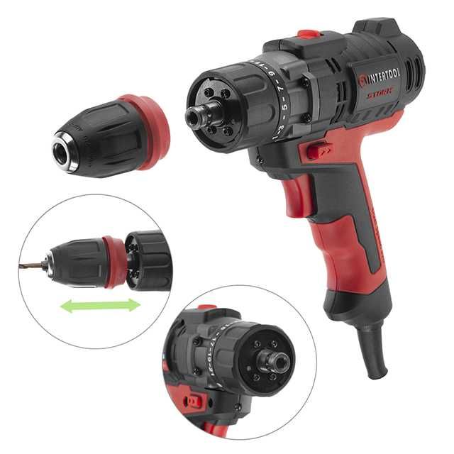 Дрель-шуруповерт электрическая 420 Вт, 0-500/0-1800 об/мин, 0.8-10 мм, макс. 20 Nм, съемный патрон INTERTOOL WT-0110