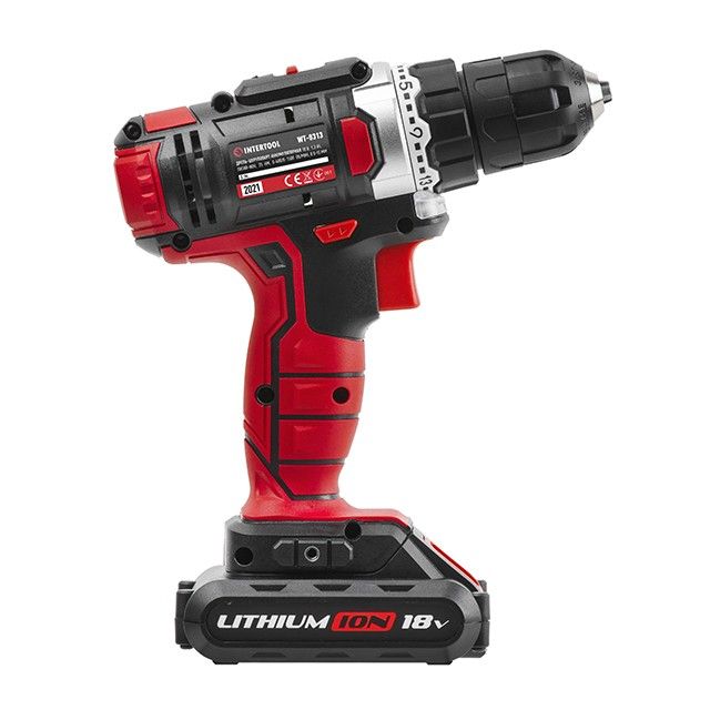 Дриль-шуруповерт акумуляторний Li-Ion 18 В, 25 Nm, 0-400/0-1500 об/хв, 1.3 Ач INTERTOOL WT-0313