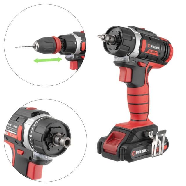 Дрель-шуруповерт аккумуляторная Li-Ion 18 В, 25 Nm, 0-400/0-1500 об/мин, 2x2.0 Ач, съемный патрон INTERTOOL WT-0317