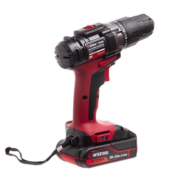 Дрель-шуруповерт аккумуляторная 20 В, 35 Nm, 0-400/0-1500 об/мин, 0,8-10 мм, литий-ион, 2x2.0 Ач, ЗУ, кейс INTERTOOL WT-0328