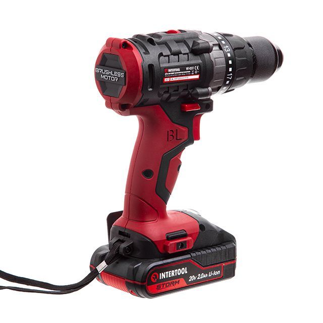 Дрель-шуруповерт аккумуляторная с бесщеточным двигателем 20 В, 50 Nm, 0-400/0-1500 об/мин, 1,5-13 мм, литий-ион, 2x2.0 Ач, ЗУ, кейс INTERTOOL WT-0331