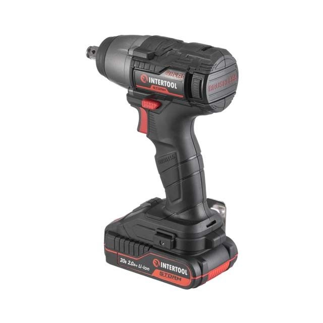 Гайковерт ударный аккумуляторный с бесщеточным двигателем 20 В, 300 Нм, 0-2500 об/мин, 0-3000 уд/мин, 1/2", Li-ion, 2.0 Ач, ЗУ 2 А, кейс INTERTOOL WT-0364