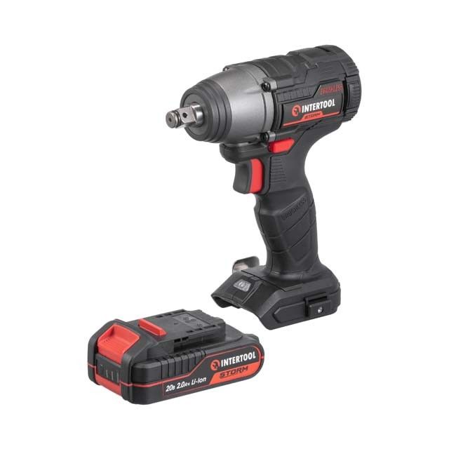 Гайковерт ударный аккумуляторный с бесщеточным двигателем 20 В, 300 Нм, 0-2500 об/мин, 0-3000 уд/мин, 1/2", Li-ion, 2.0 Ач, ЗУ 2 А, кейс INTERTOOL WT-0364