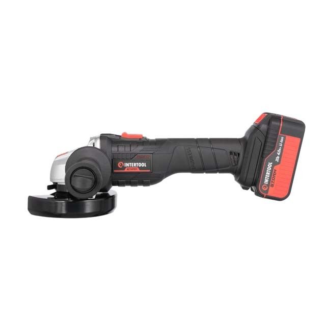 Шлифмашина угловая аккумуляторная с бесщеточным двигателем 20 В, 125 мм, 10000 об/мин, Li-Ion, 4.0 Ач, ЗУ    4 А, кейс INTERTOOL WT-0366