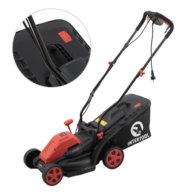 Газонокосилка электрическая 1.4 кВт, 230 В~50 Гц, 3300 об/мин, ширина захвата 340 мм, высота среза 30-80 мм, контейнер 35 литров, STORM INTERTOOL WT-2264