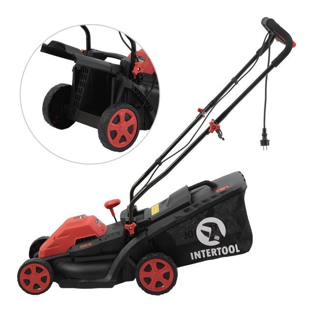 Газонокосилка электрическая 1.4 кВт, 230 В~50 Гц, 3300 об/мин, ширина захвата 340 мм, высота среза 30-80 мм, контейнер 35 литров, STORM INTERTOOL WT-2264
