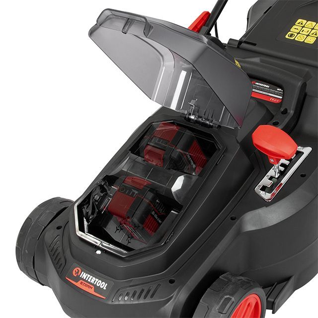 Газонокосилка аккумуляторная с бесщеточным двигателем 40 В (2х20В), 3500об/мин, ширина захвата 370 мм, высота среза 25-75мм, контейнер 40л, без ЗУ АКБ INTERTOOL WT-9216