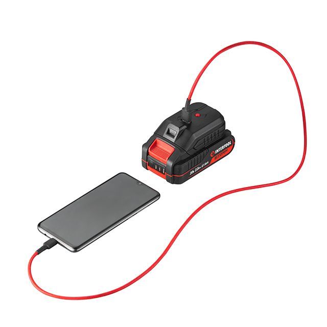 Адаптер для аккумулятора Li-ion 20 В, USB 2A, LED фонарь INTERTOOL WT-9300
