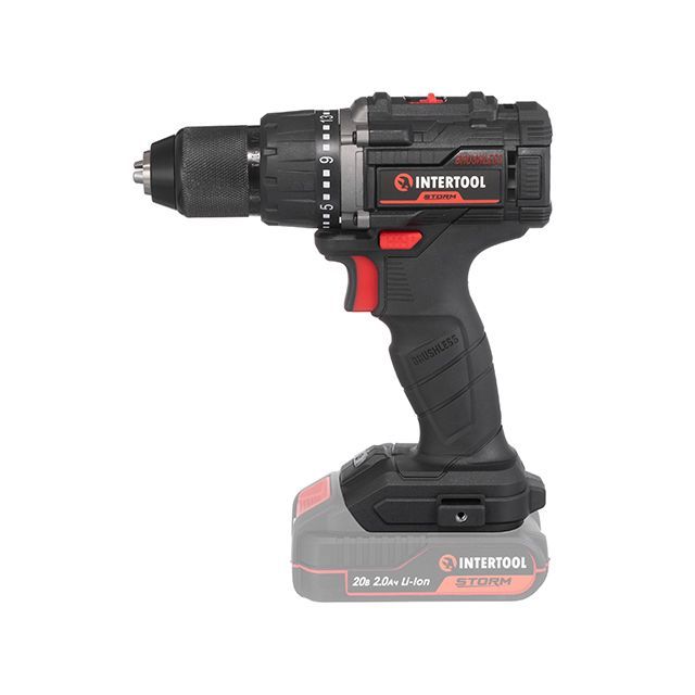 Дрель-шуруповерт аккумуляторная с бесщеточным двигателем 20 В, 60 Nm, 0-500/0-2000 об/мин, 2-13 мм, без ЗУ и АКБ INTERTOOL WT-9360