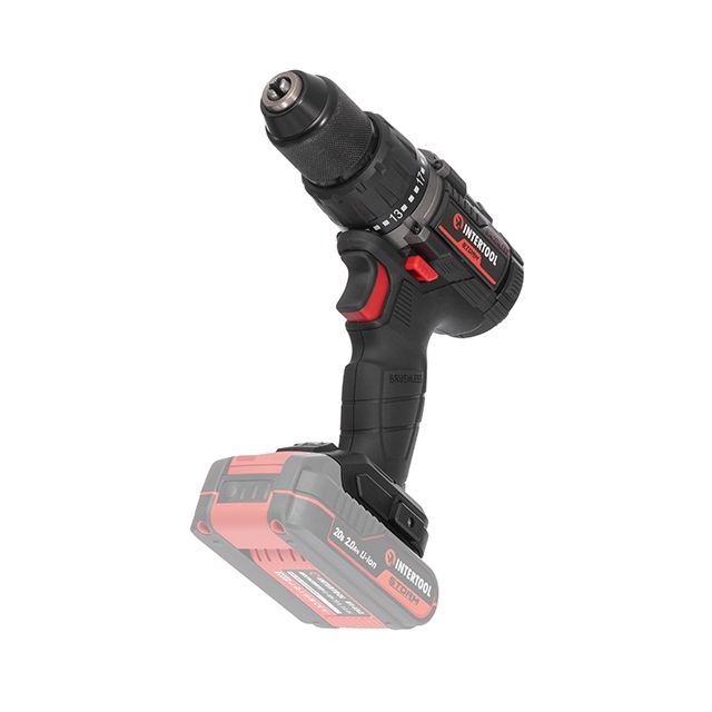 Дрель-шуруповерт аккумуляторная с бесщеточным двигателем 20 В, 60 Nm, 0-500/0-2000 об/мин, 2-13 мм, без ЗУ и АКБ INTERTOOL WT-9360
