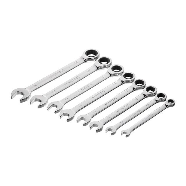 Набор ключей комбинированных с храповым механизмом 8ед., 8-19мм (8-10-12-13-14-15-17-19) Cr-V; PROF DIN3113 INTERTOOL XT-1303