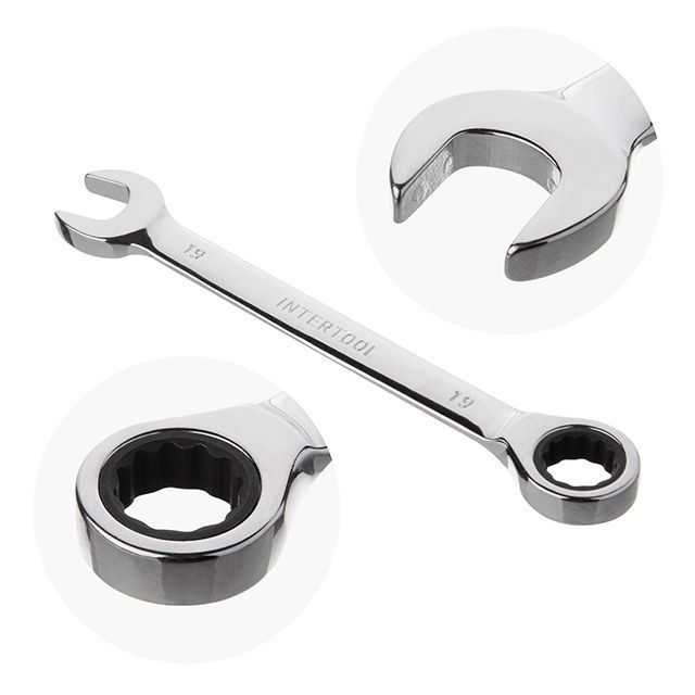Набор ключей комбинированных с храповым механизмом 11ед., 8-19мм (8-9-10-11-12-13-14-15-16-17-19) Cr-V; PROF DIN3113 INTERTOOL XT-1304