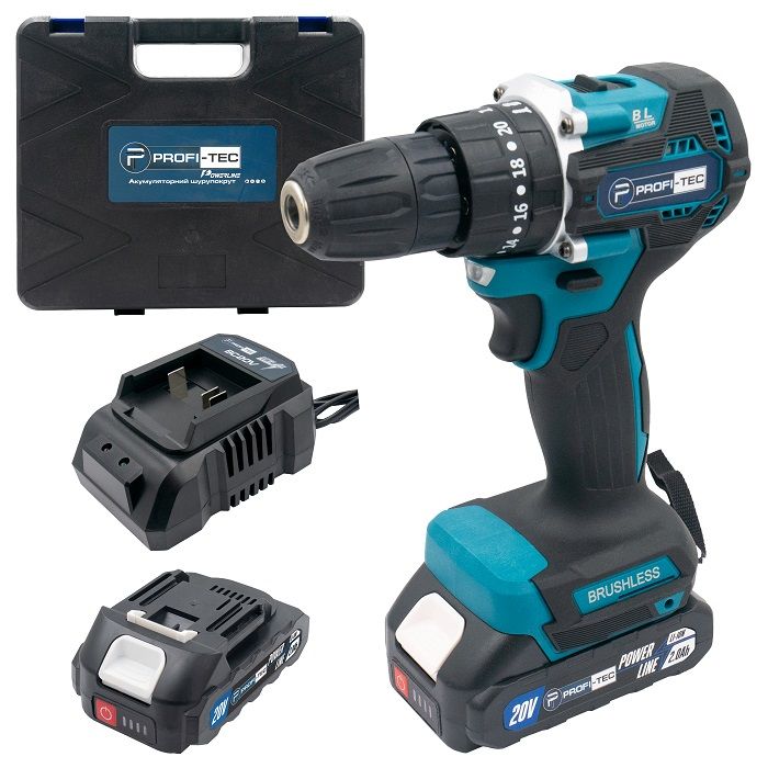 Акумуляторний шуруповерт PROFI-TEC PCD4020BL POWERLine (2×PT2020MP (2.0 Аг), зарядний пристрій)