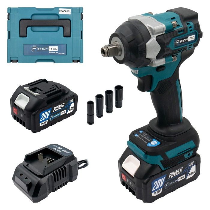 Акумуляторний гайковерт PROFI-TEC DTW500BL POWERLine (2×PT2040MP (4.0 Аг), зарядний пристрій)