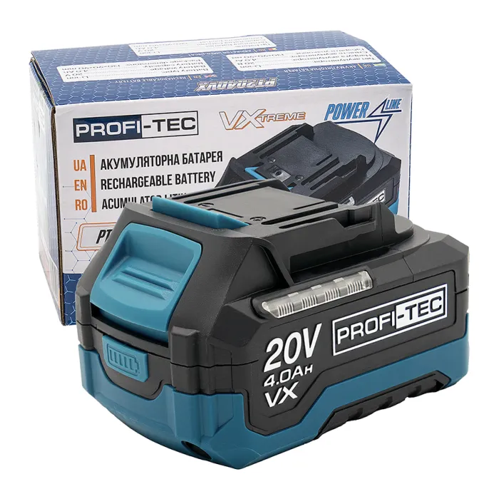 Акумуляторна батарея PROFI-TEC PT2040VX POWERLine (20 В / 4.0 Аг, високострумова, з індикатором)