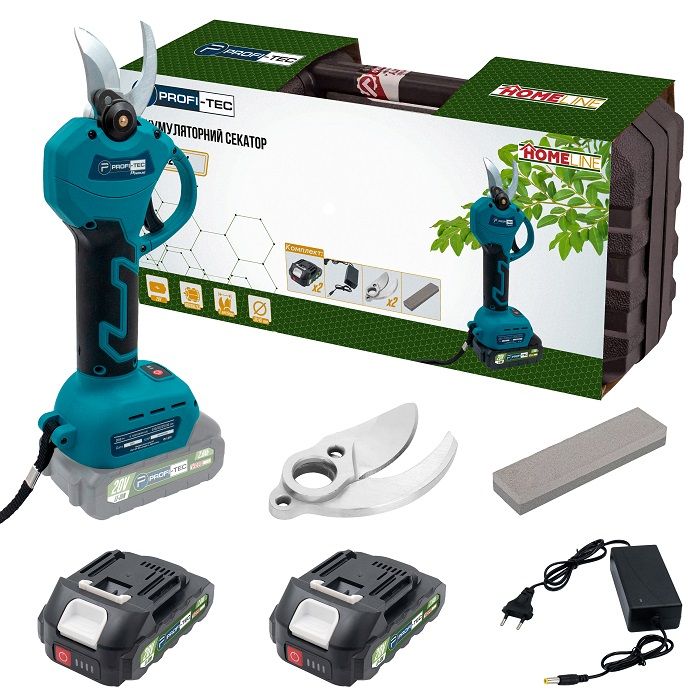 Акумуляторний секатор PROFI-TEC HES20BL HomeLine (2×PT2020HL (2.0 Аг), зарядний пристрій)