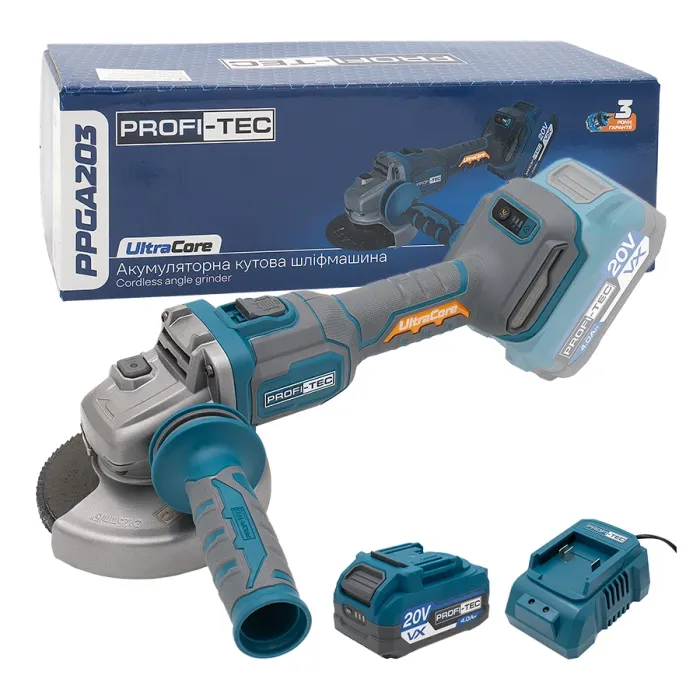 Акумуляторна кутова шліфувальна машина PROFI-TEC PPGA203 UltraCore (1×PT2040VX (4.0 Аг), зарядний пристрій)