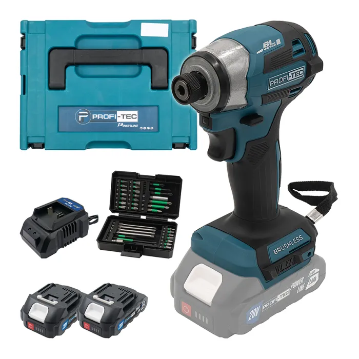 Акумуляторний імпульсний гвинтоверт PROFI-TEC PID1820BL POWERLine (набір біт, 2×PT2020MP (2.0 Аг), зарядний пристрій)